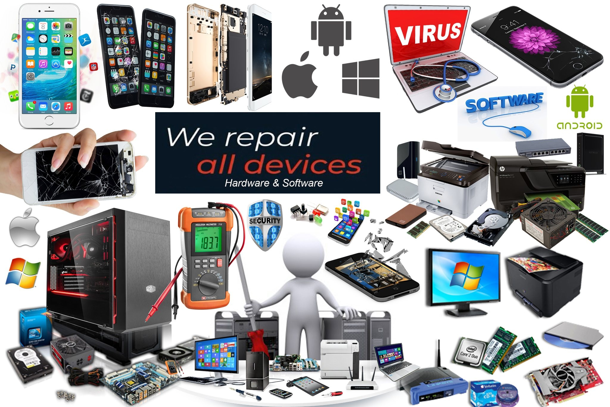 Collage of different gadgets like phone, laptop, tablet being repaired