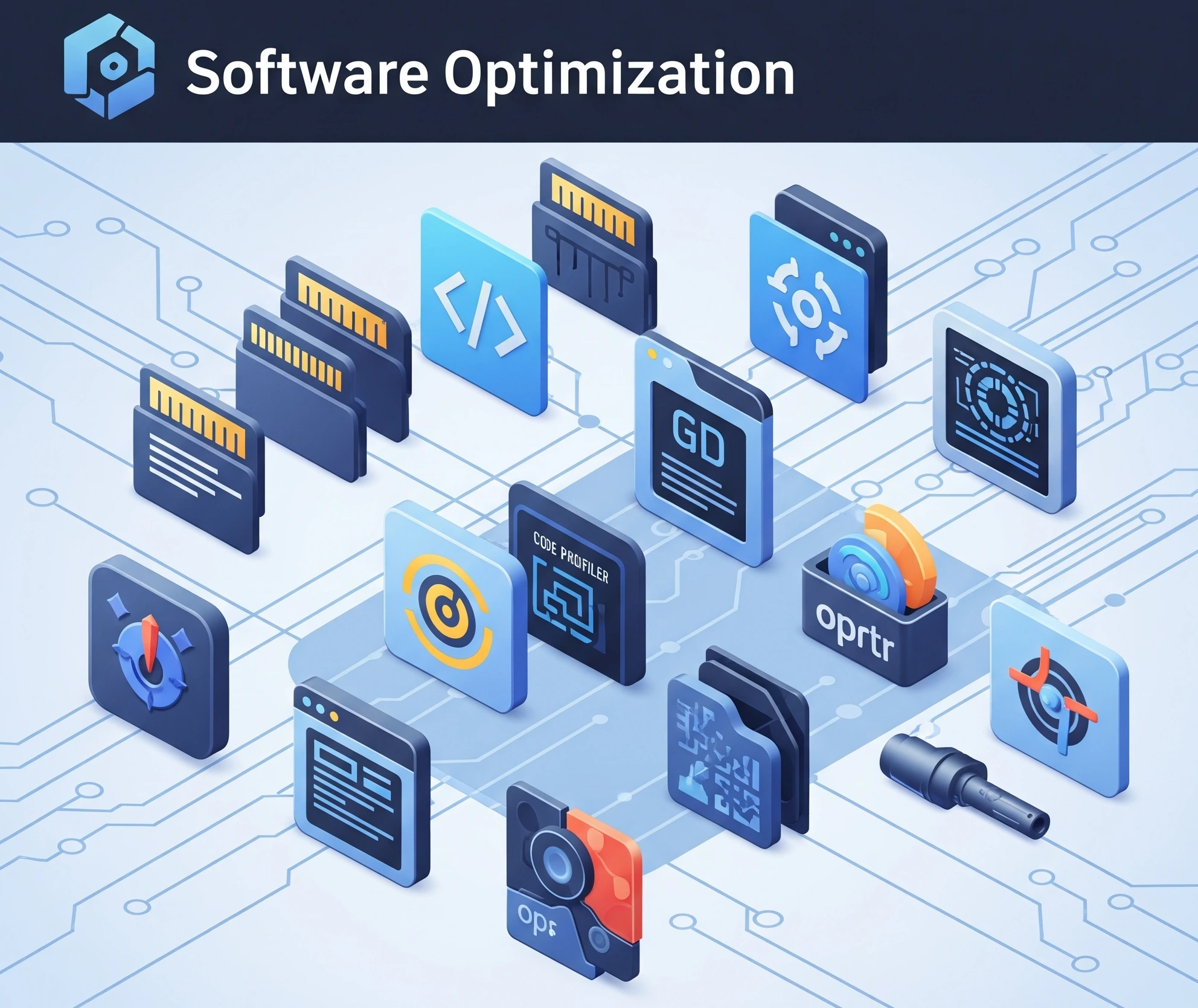 Image of various software optimization tools and icons
