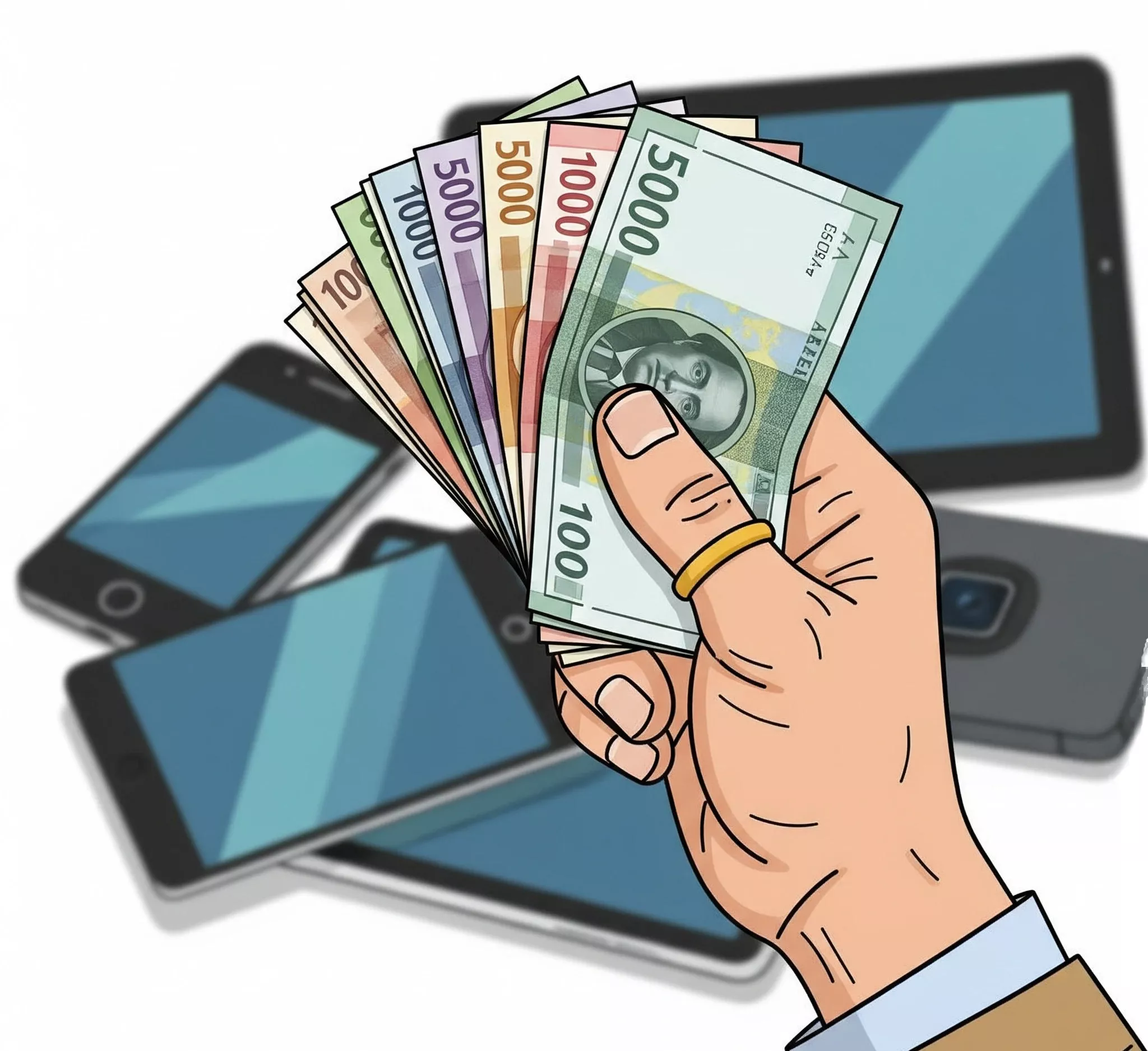 Illustration of a hand holding money, symbolizing savings from buying used gadgets